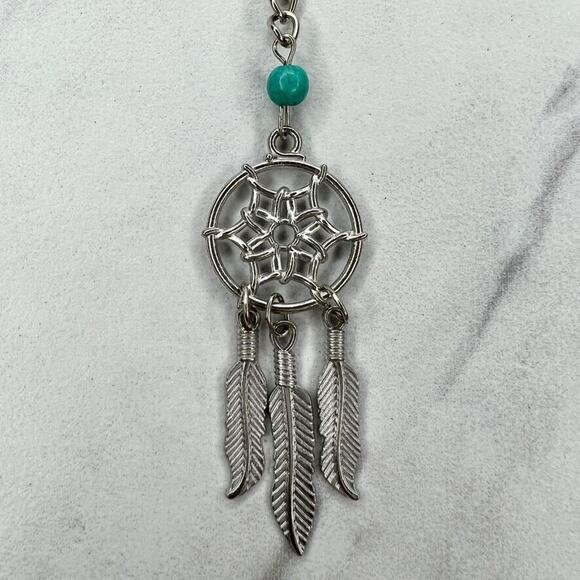 Silver Tone Faux Turquoise Beaded Dreamcatcher Keychain Keyring - Picture 3 of 7